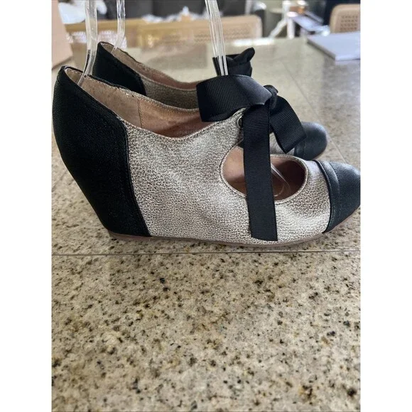 Jeffrey Campbell Brown/Black Leather Mary Jane Size 6.5 Women's Wedge Heel Tie - Picture 4 of 11